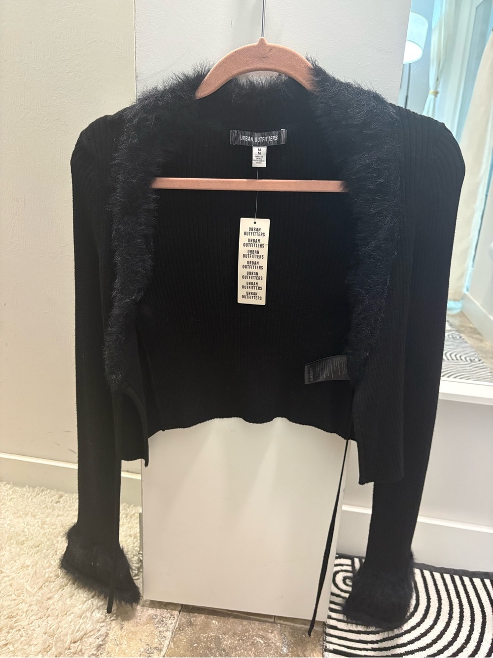 Urban Outfitters Black Cropped Cardigan with Faux-Fur Trim